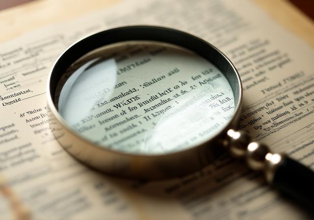 Una lupa sobre un documento legal resaltando términos técnicos